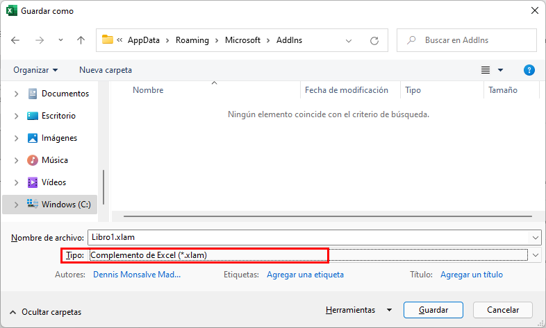 Guardar como addins