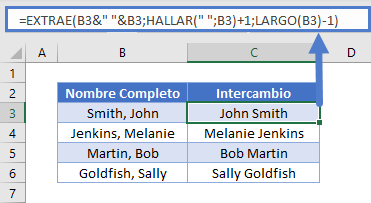 Intercambiar nombres y apellidos con coma