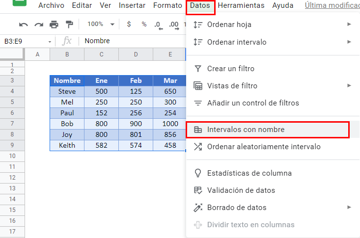 Intervalos con nombre gsheets