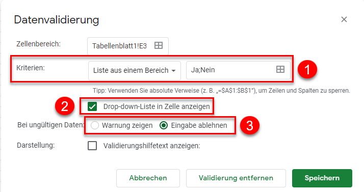 JaNein google sheets Kriterien