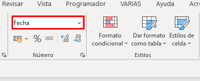 Menú formato excel fecha