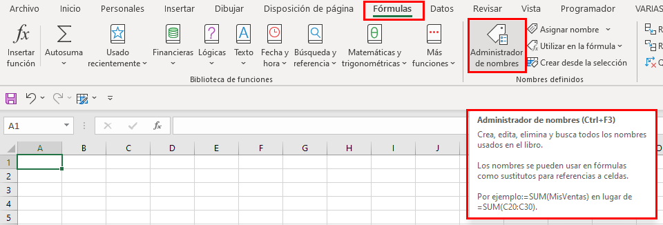 Menú fórmulas administrador de nombres