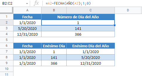 Número de día del año gsheets