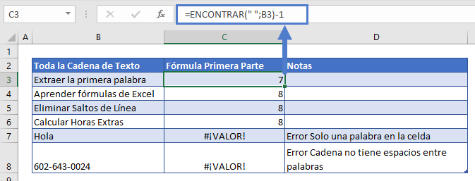 Primera palabra de un texto función encontrar