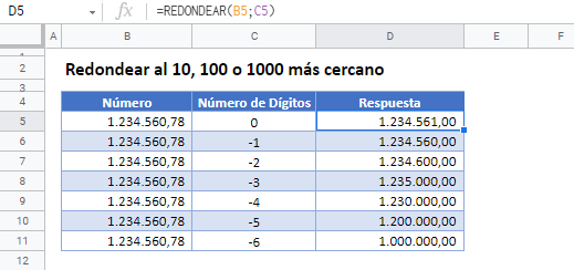 Redondear-cercano a 10 100 gsheets