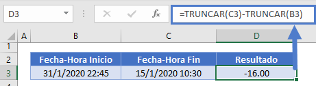 Restar fecha hora función truncar