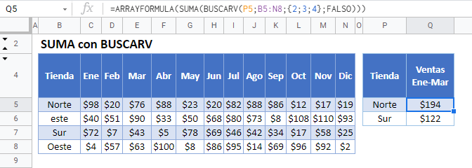 Suma con buscarv gsheets