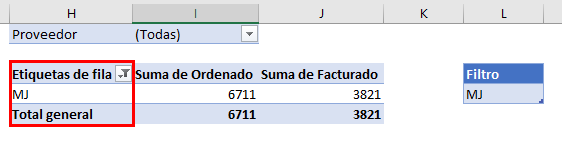 Tabla dinamica filtrada por fila