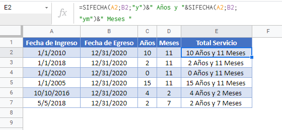 Total tiempo de servicio gsheets