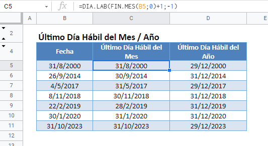 Último día hábil del mes año gsheets