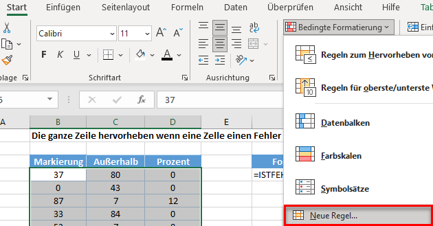 Zeilen hervorheben wenn istfehler menü