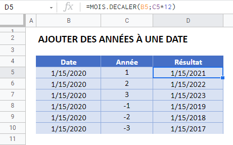 ajouter soustraire annees date google sheets