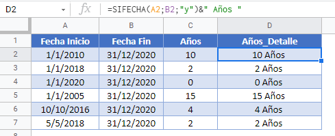 anos entre fechas gsheets