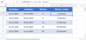 Anzahl der Wochen zwischen Datumsangaben - Excel & Google Sheets