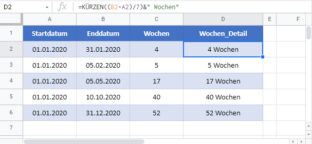 anzahl wochen zwischen datumsangaben google sheets