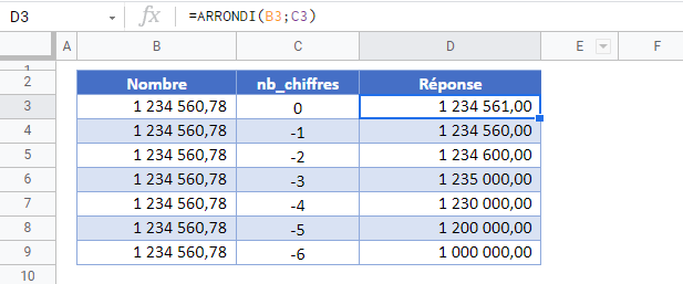 arrondir 10 100 1000 plus pres google sheets