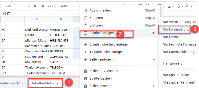 bed Formatierung google sheets Inhalte einfügen