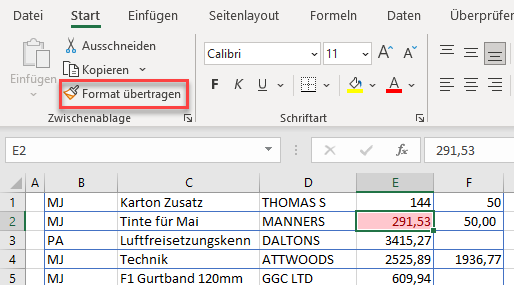 bed Formatierung Format übertragen Zelle auswäheln