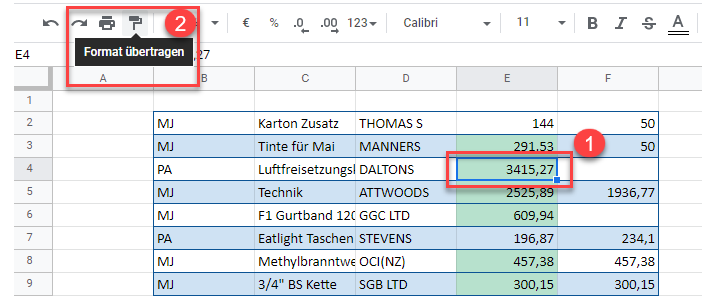 bedFormatierung gs Format übertragen