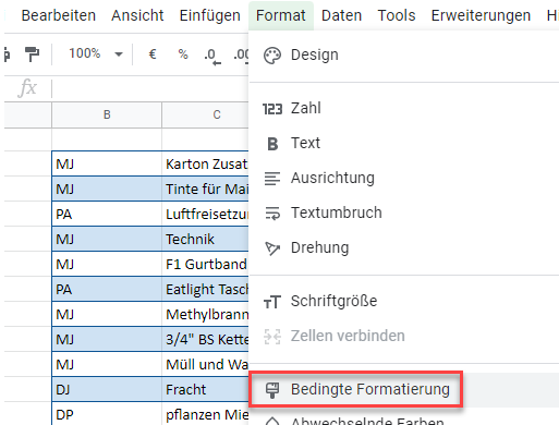 bedFormatierung gs menü