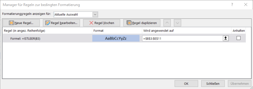 bedingte Formatierung Regelmanager
