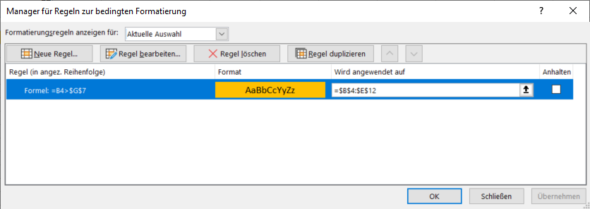 bedingte Formatierung basierend auf andere Zelle Regelmanager