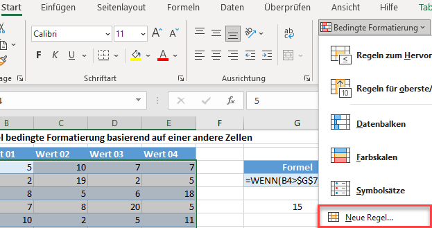 bedingte Formatierung basierend auf andere Zelle menü