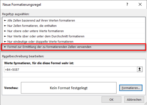 bedingte Formatierung basierend auf anderer Zelle Formel