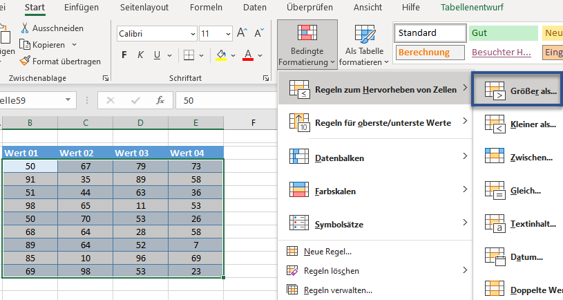 bedingte Formatierung größer als Regel