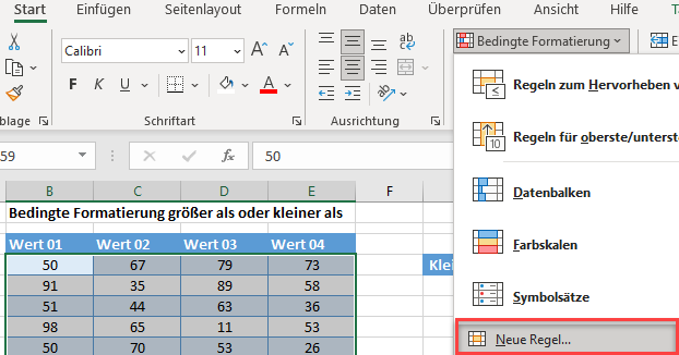 bedingte Formatierung größer kleiner menü