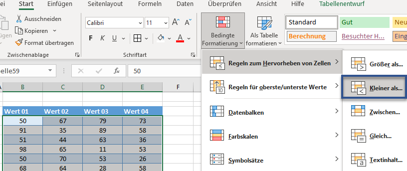 bedingte Formatierung kleiner als Regel