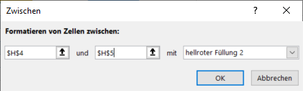bedingte Formatierung zwischen zwei Zahlen zwische Regel