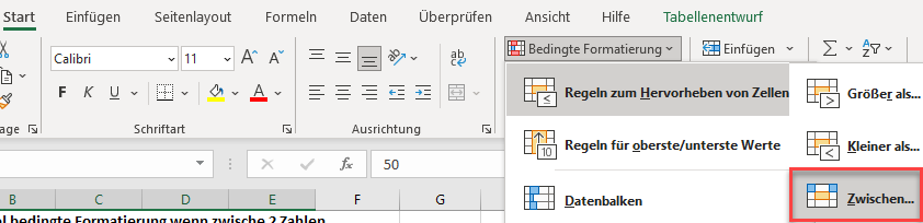 bedingte Formatierung zwischen zwei Zahlen zwische Regelmenü