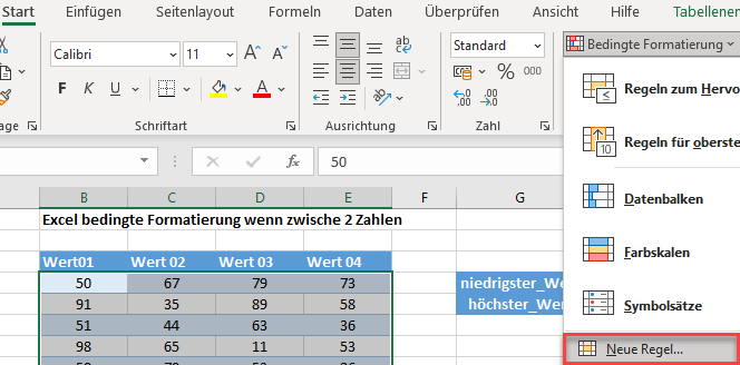 bedingte Formatierung zwischen zwei Zahlen zwischen Regel menü neue Regel