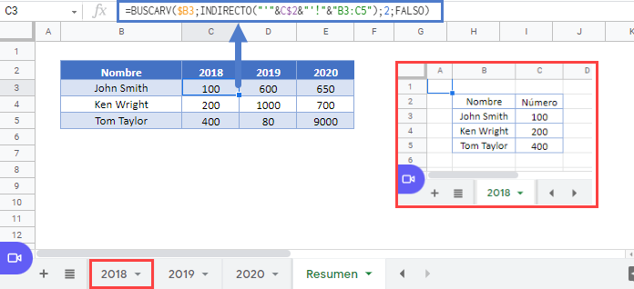 buscarv indirecto rango dinámico resumen gsheets