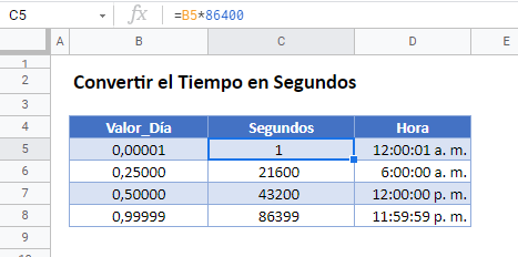 convertir el tiempo en segundos gsheets