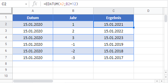 datum jahre hinzuaddieren abziehen google sheets