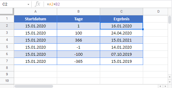 datum tage hinzuaddieren abziehen google sheets