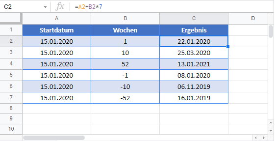 datum wochen hinzuaddieren abziehen google sheets