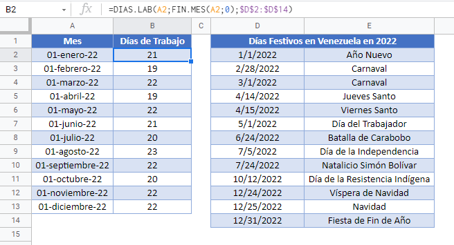 dias de trabajo en mes gsheets