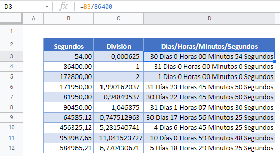 dias horas minutos segundos tabla gsheets