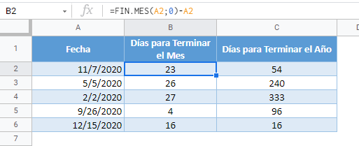 dias para terminar mes ano gsheets