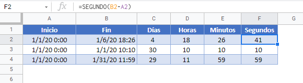 diferencia de tiempo gsheets