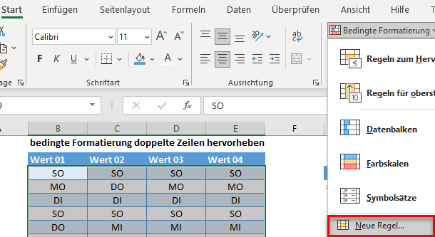 doppelte Reihen hervorheben menü