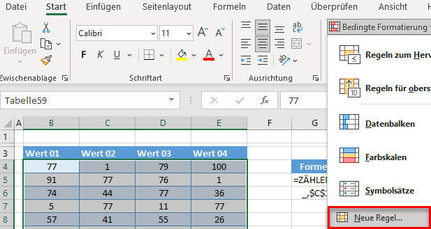 doppelte Werte hervorheben menü