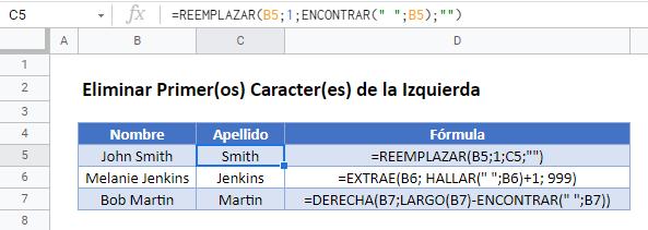 eliminar caracteres izquierda gsheets todas