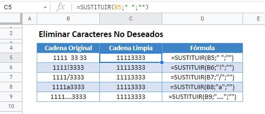 eliminar caracteres no deseados gsheets