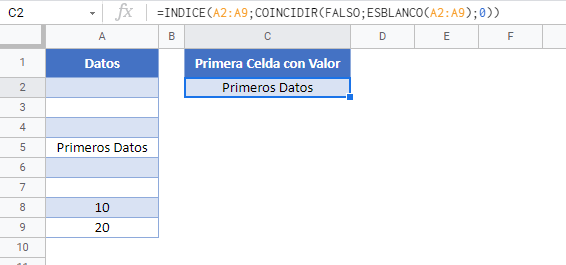 primera celda con cualquier valor gsheets