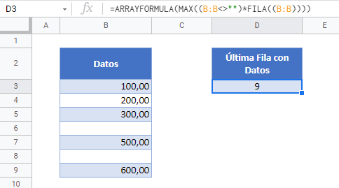 encontrar ultima fila con datos gsheets