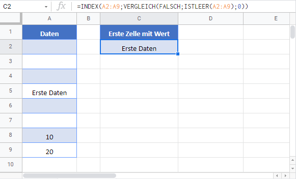 erste zelle mit wert google sheets